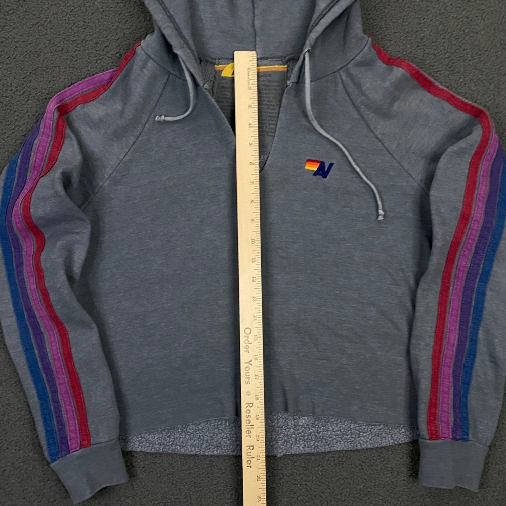Aviator Nation Hoodie Womens Large Gray Split Neck Cropped Striped Fleece Logo - Picture 7 of 9